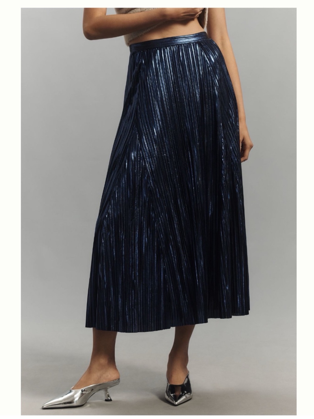 NWT Anthropologie Metallic Black Lightweight Flowy Pleated Midi Skirt,XL - Picture 5 of 13